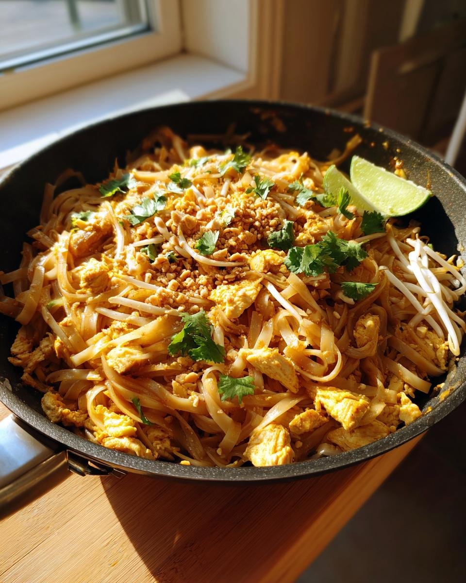 A close-up of a pan filled with Delicious Chicken Pad Thai, garnished with lime, cilantro, and peanuts.