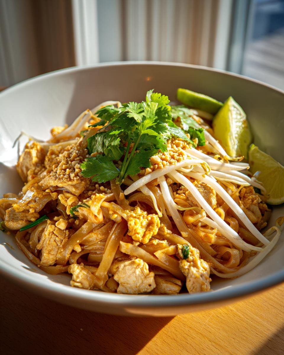 A close-up of a bowl of Delicious Chicken Pad Thai, featuring noodles, chicken, bean sprouts, cilantro, peanuts, and lime wedges.