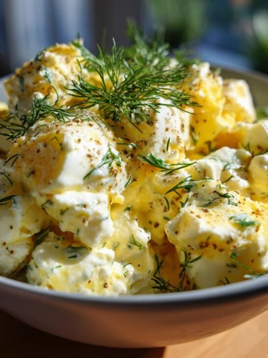 A bowl of Delicious Cottage Cheese Egg Salad, creamy and garnished with fresh dill and cracked pepper.