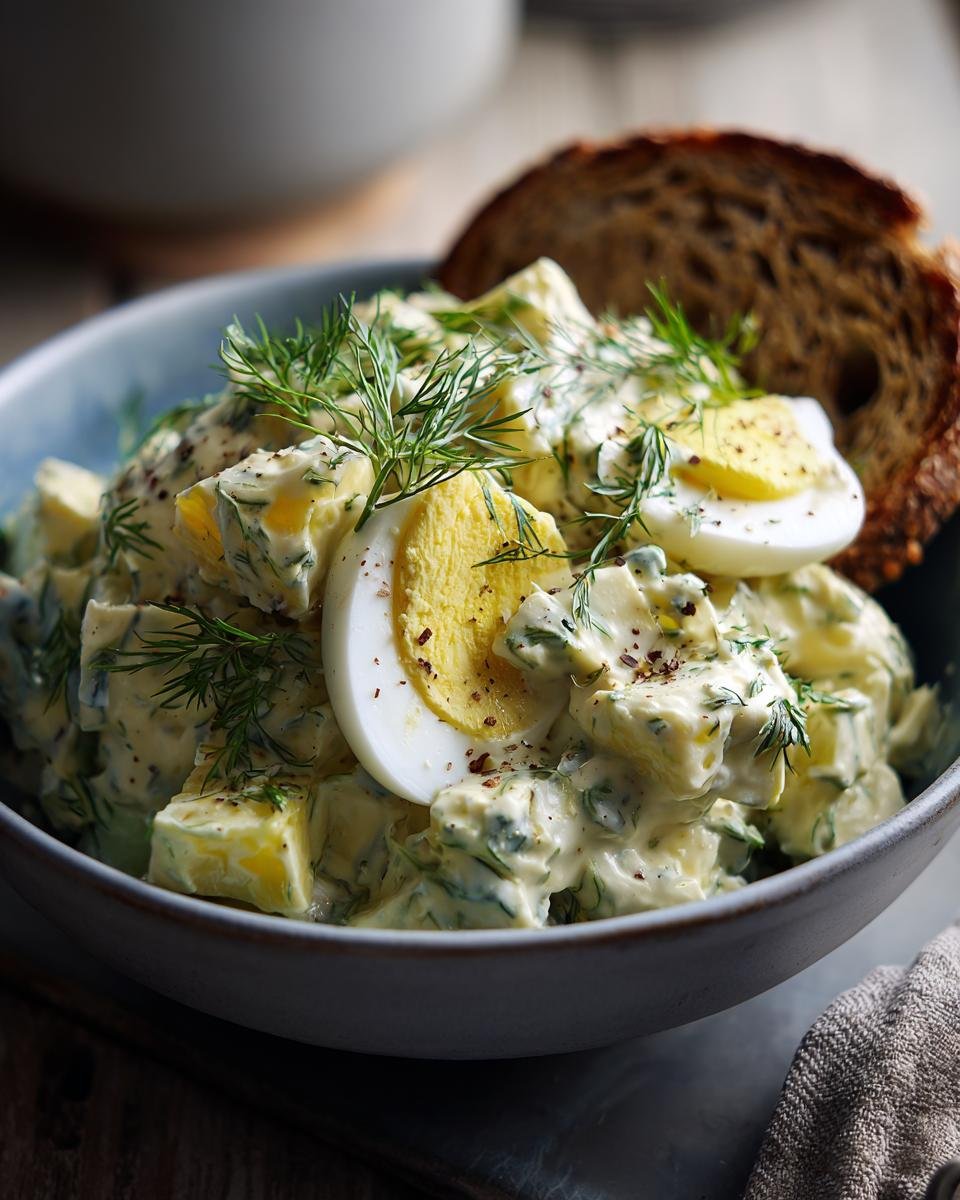 A close-up of a bowl filled with Delicious Cottage Cheese Egg Salad, topped with dill and sliced hard-boiled eggs.