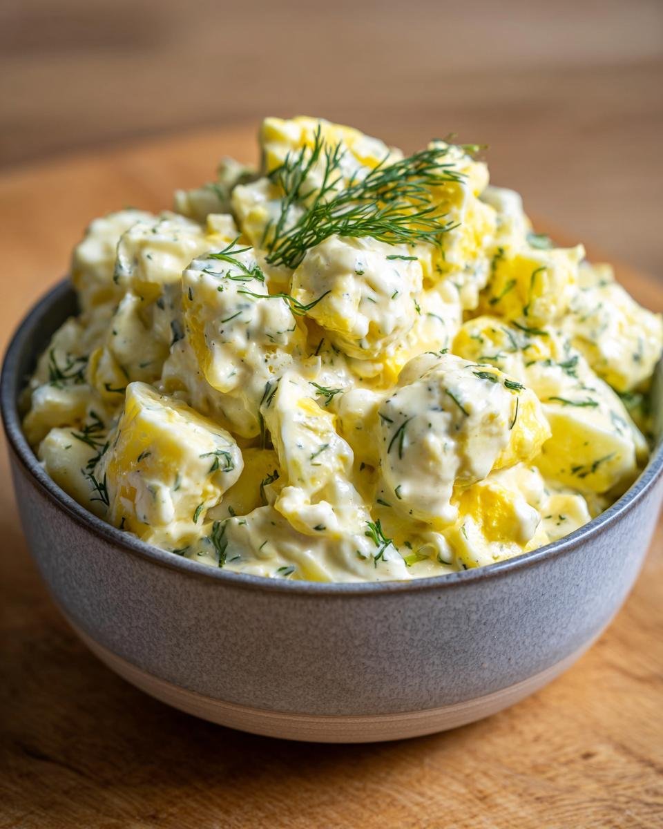 A bowl of Delicious Cottage Cheese Egg Salad, creamy and mixed with chopped eggs and fresh dill.
