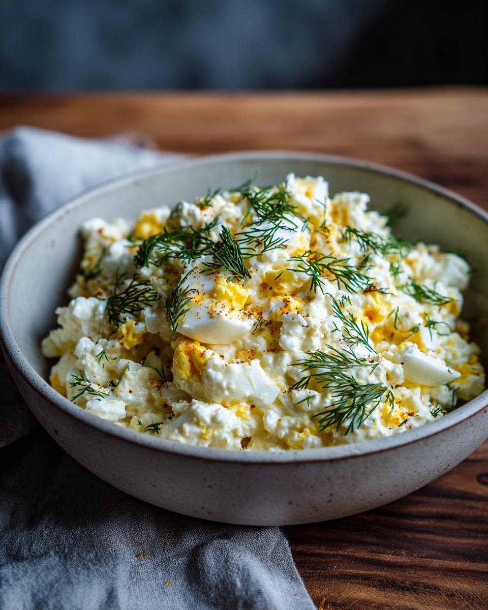 A bowl of Delicious Cottage Cheese Egg Salad topped with fresh dill and paprika.