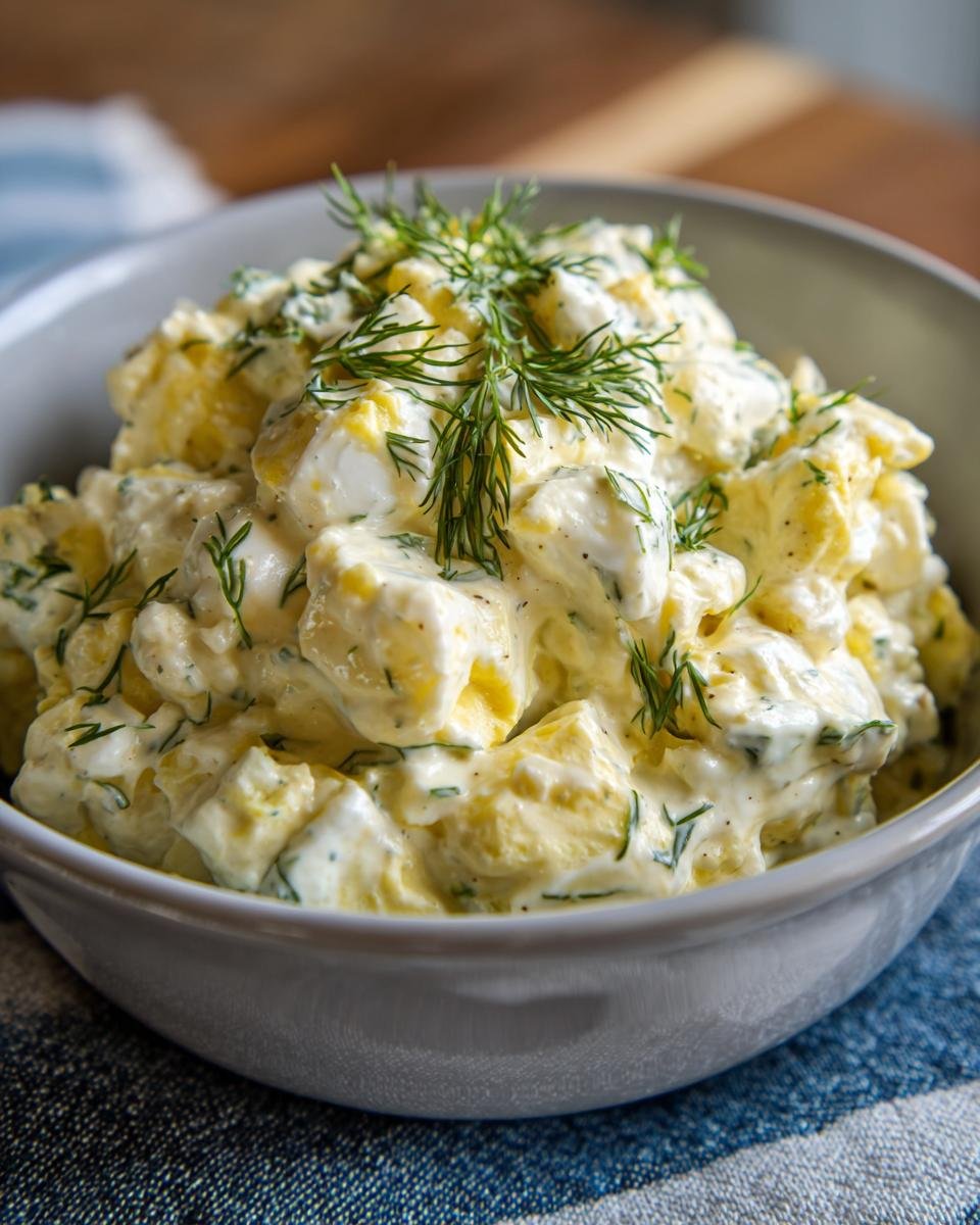 A bowl of Delicious Cottage Cheese Egg Salad, creamy and mixed with chopped eggs and fresh dill.