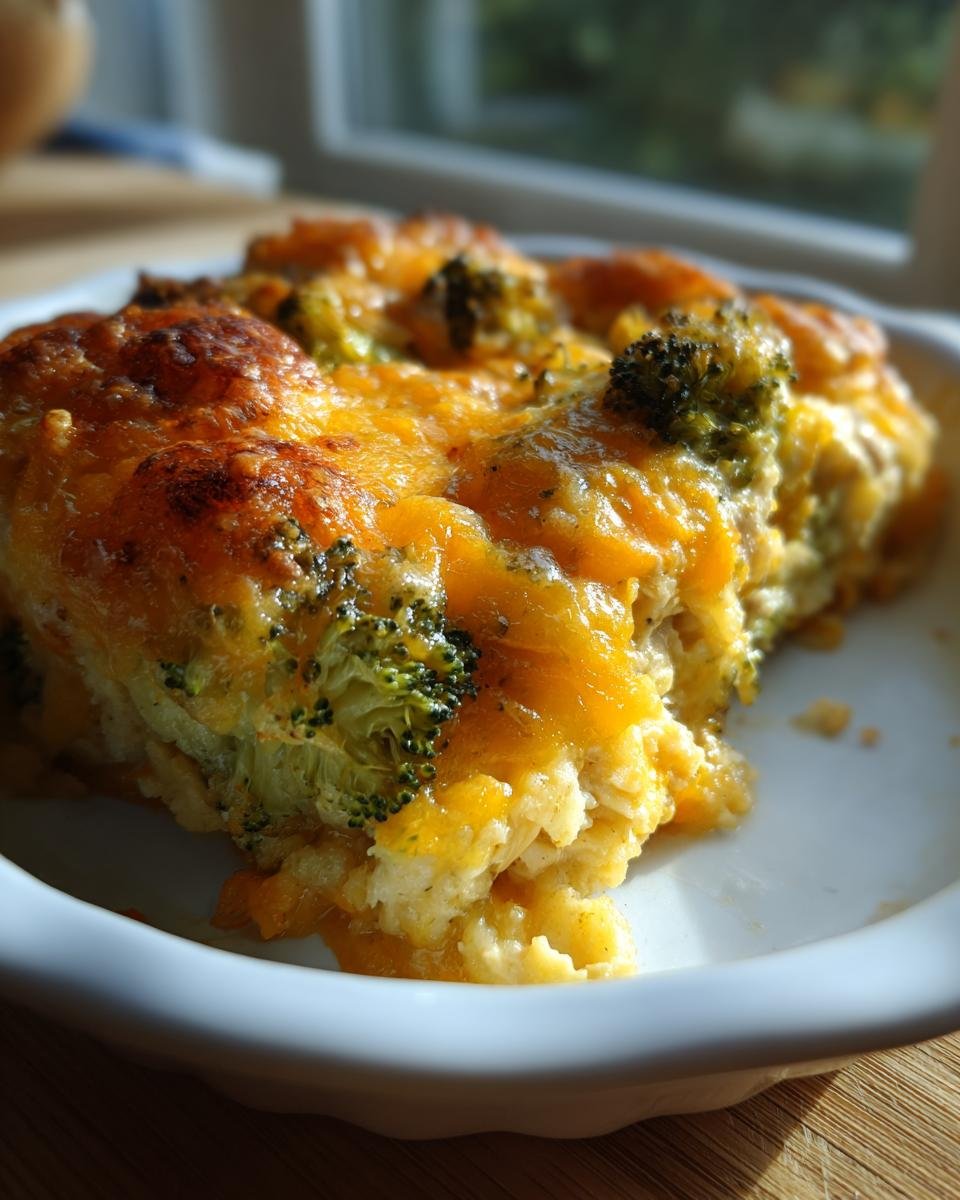 A close-up of a slice of Delicious Easy Low Carb Chicken Casserole, topped with melted cheese and broccoli florets.