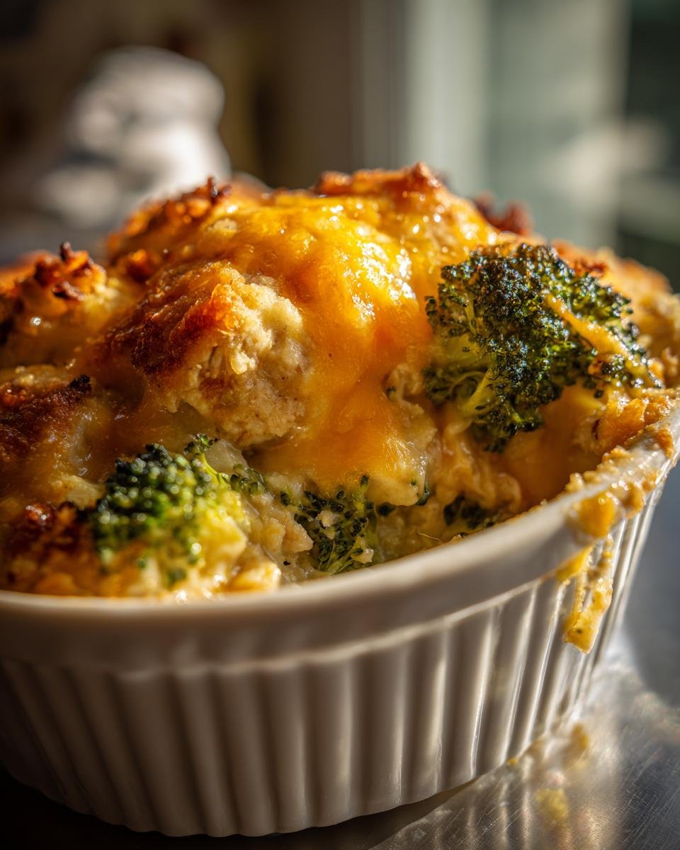 Close-up of a Delicious Easy Low Carb Chicken Casserole with melted cheese and broccoli florets in a white ramekin.