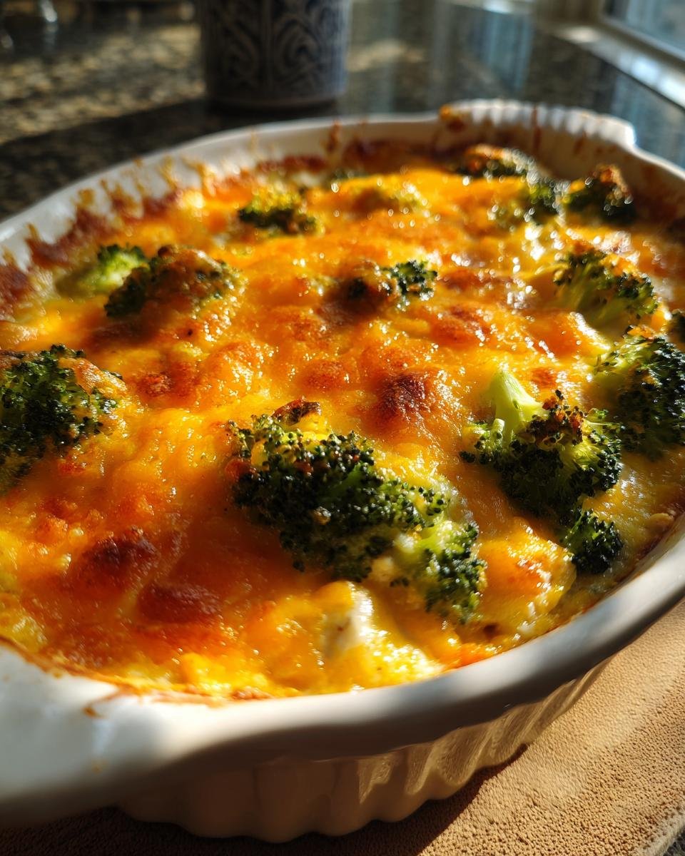 A close-up of a Delicious Easy Low Carb Chicken Casserole baked in a white dish, topped with melted cheese and broccoli florets.