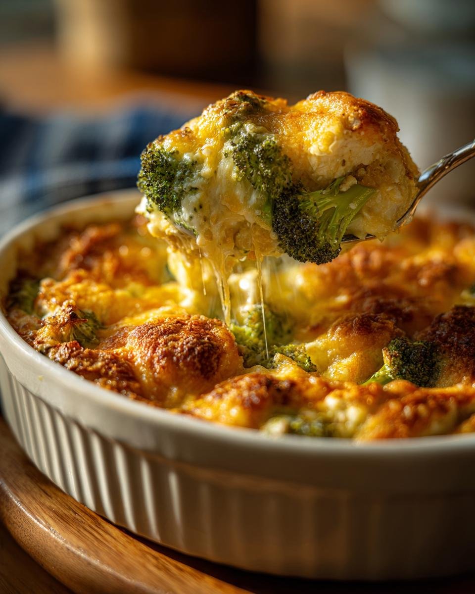 A spoonful of Delicious Easy Low Carb Chicken Casserole Recipe with melted cheese and broccoli florets.