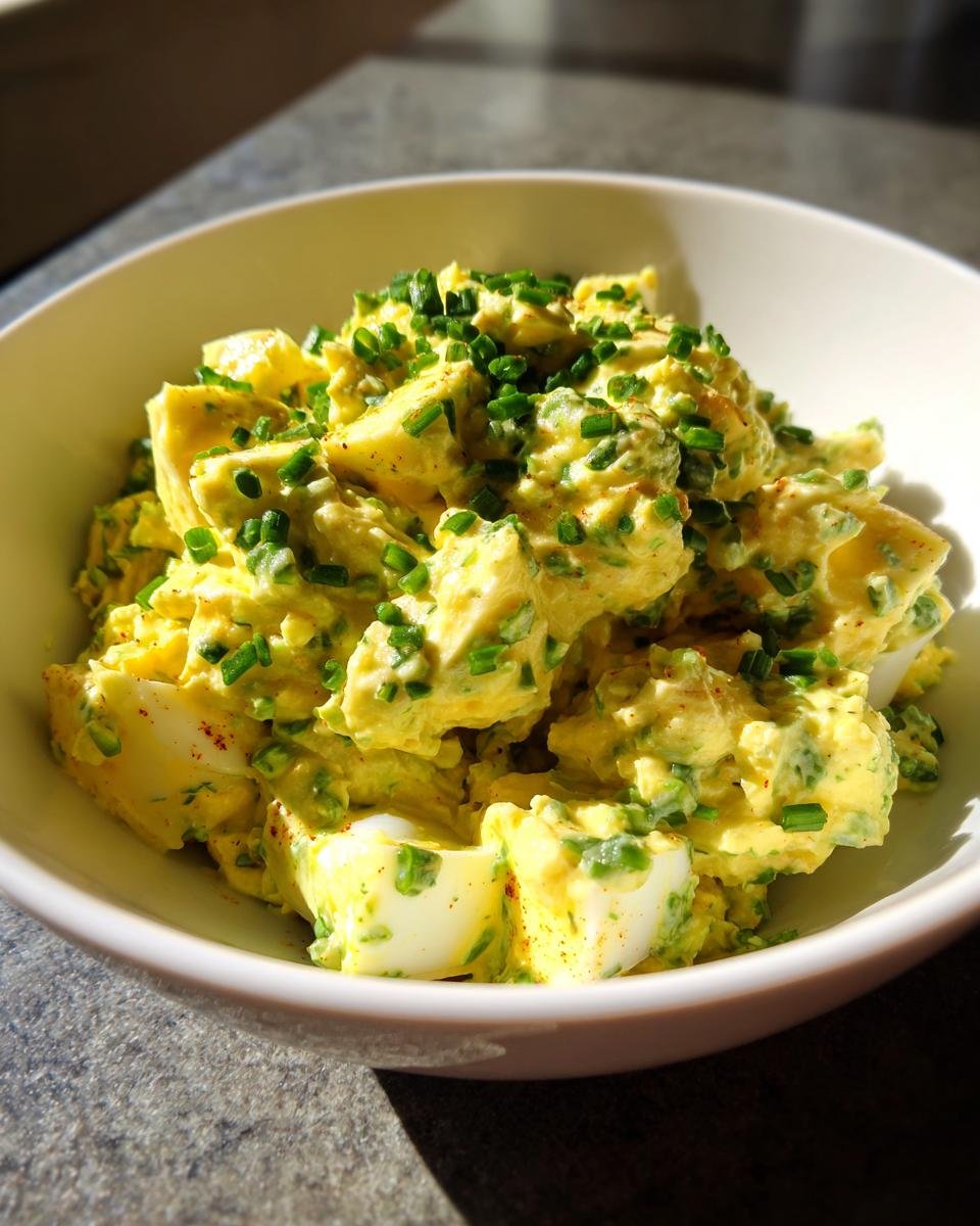 A close-up of a bowl filled with Delicious Keto Avocado Egg Salad, topped with chives.