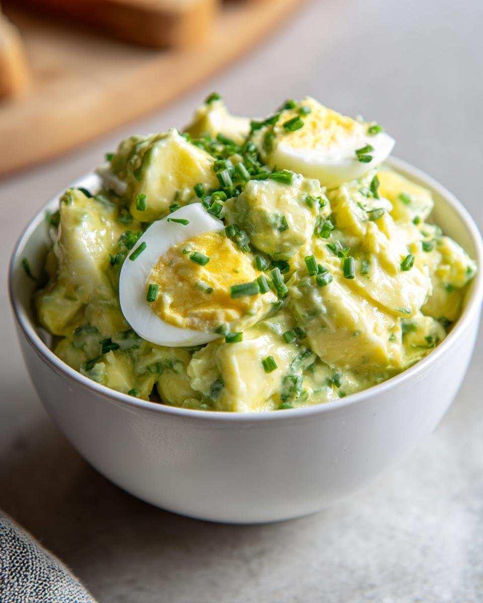 A bowl of Delicious Keto Avocado Egg Salad topped with chopped chives and hard-boiled egg halves.