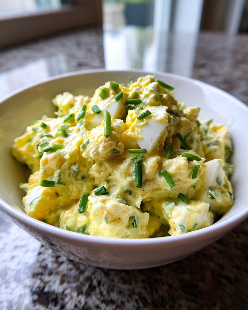 A bowl of Delicious Keto Avocado Egg Salad topped with fresh chives and visible chunks of egg.