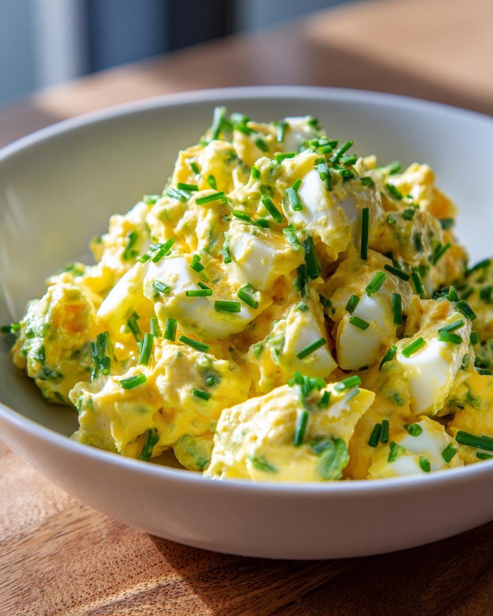 A bowl of delicious keto avocado egg salad, generously topped with fresh chives.