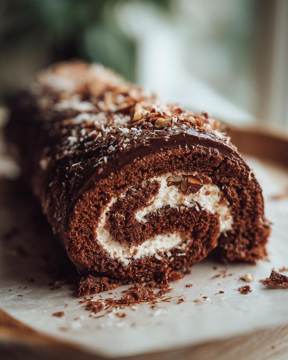 A close-up of a slice of a Delightful German Chocolate Cake Roll, showing rich chocolate cake, creamy filling, and a chocolate glaze topped with nuts and coconut.