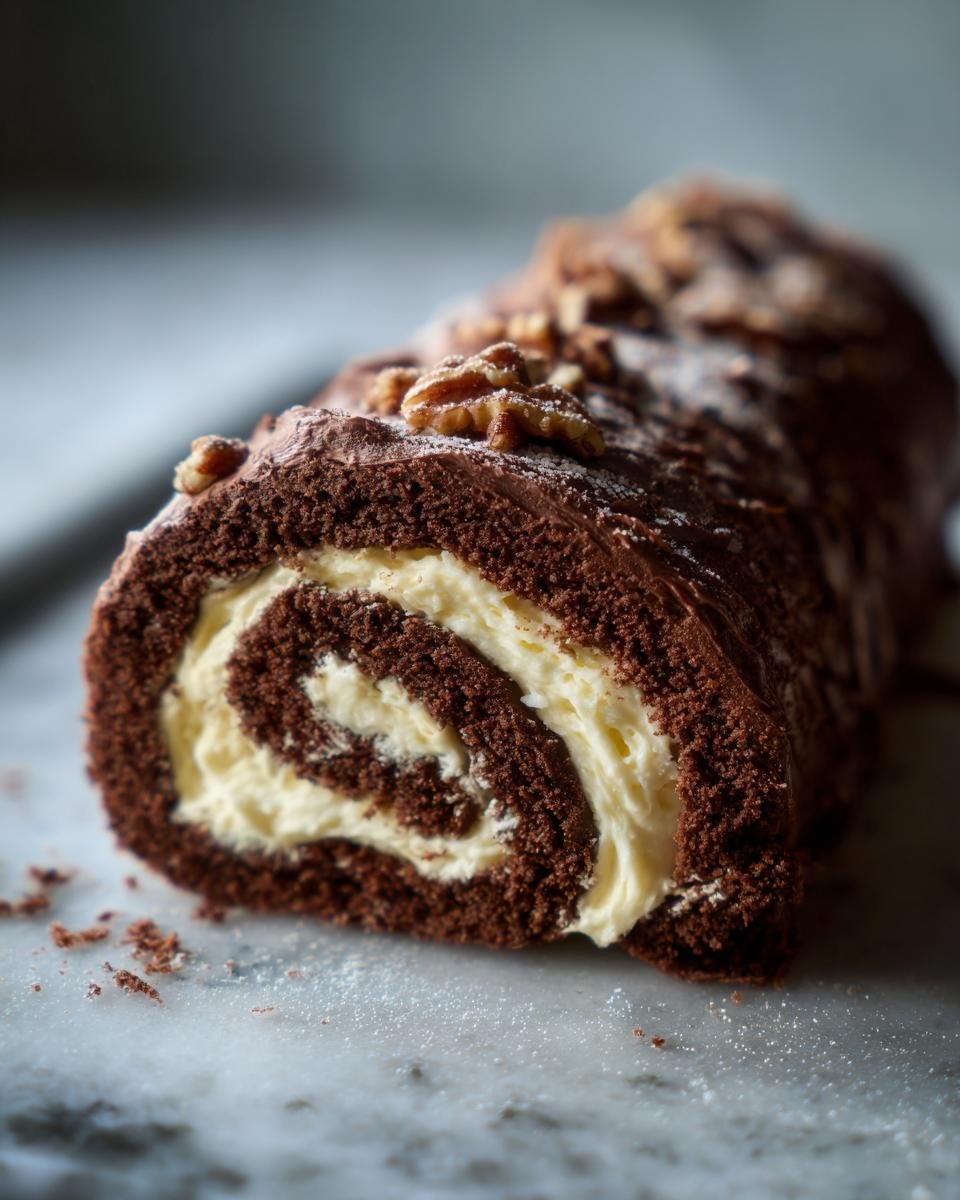 Close-up of a slice of a delightful German Chocolate Cake Roll with rich chocolate frosting and creamy filling, topped with walnuts.