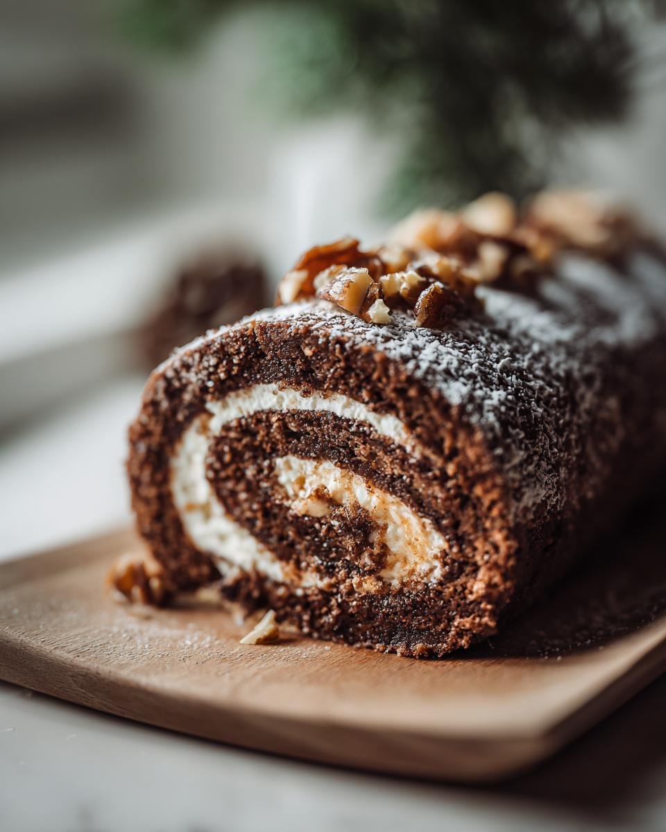 A close-up of a slice of a Delightful German Chocolate Cake Roll, dusted with powdered sugar and topped with chopped nuts.