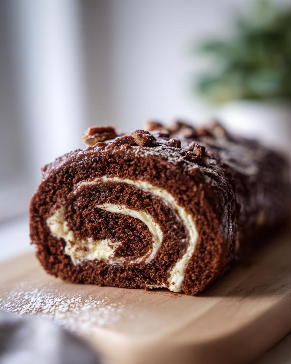 A close-up of a Delightful German Chocolate Cake Roll, dusted with powdered sugar and topped with nuts.