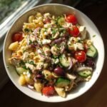 A bowl of Delightful Mediterranean Chicken Pasta Salad with pasta, chicken, tomatoes, cucumbers, olives, feta, and red onion.