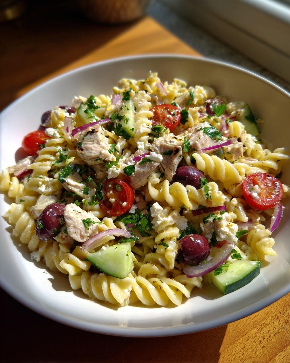 A close-up of a bowl filled with Delightful Mediterranean Chicken Pasta Salad, featuring fusilli pasta, chicken, cherry tomatoes, olives, cucumber, red onion, and feta cheese.