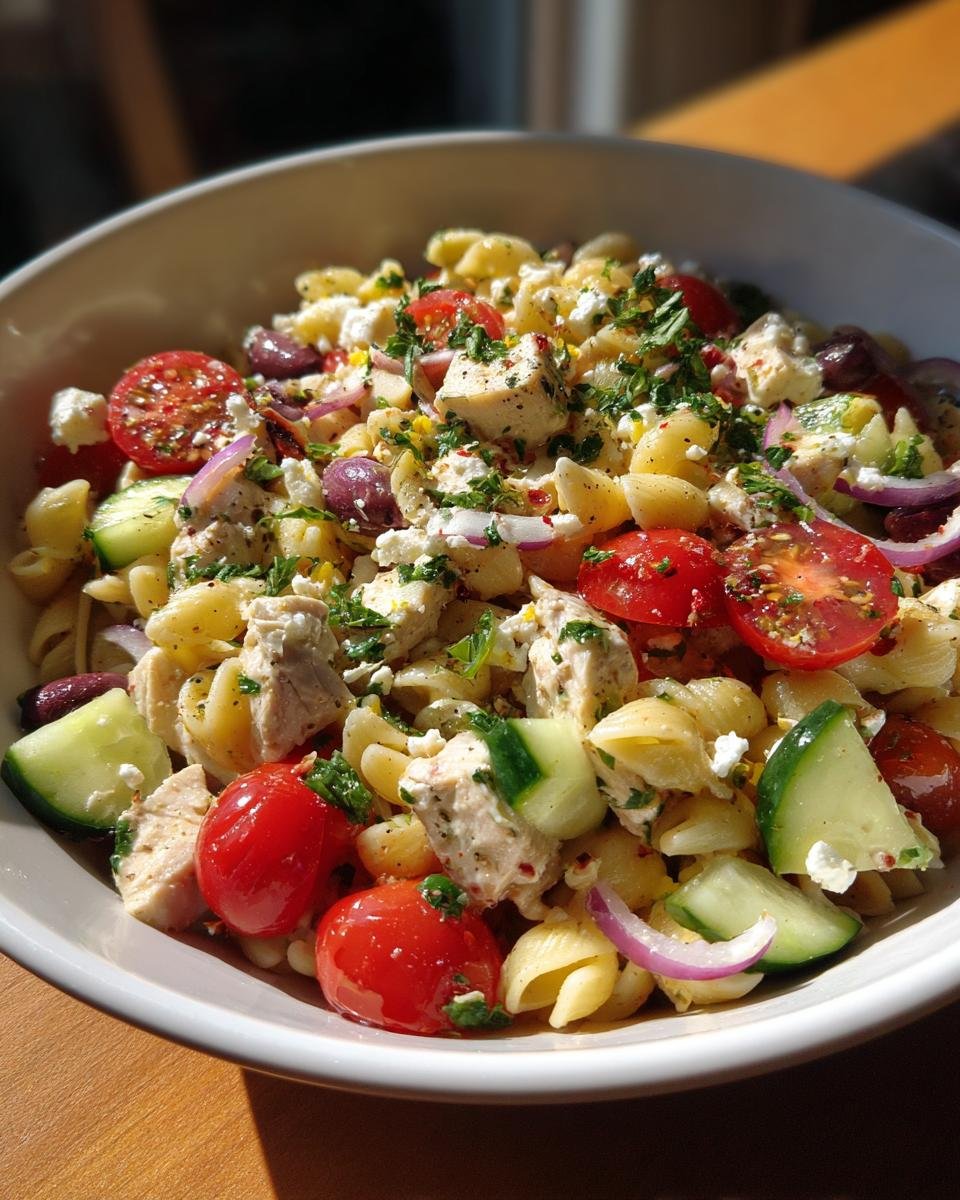A close-up of a bowl filled with Delightful Mediterranean Chicken Pasta Salad, featuring pasta, chicken, tomatoes, cucumber, olives, and feta.