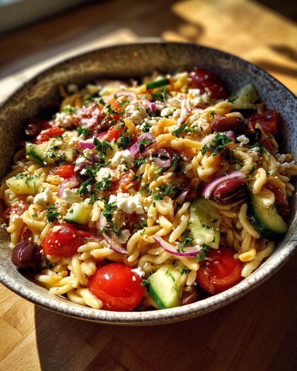 A close-up of a bowl filled with Delightful Mediterranean Chicken Pasta Salad, featuring pasta, tomatoes, cucumbers, olives, and feta cheese.