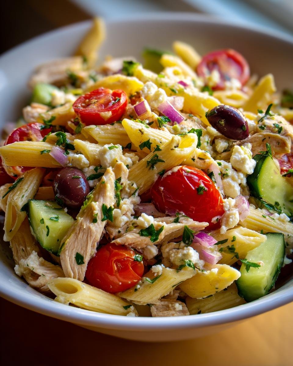 Close-up of a bowl filled with Delightful Mediterranean Chicken Pasta Salad, featuring penne pasta, chicken, cherry tomatoes, cucumber, olives, and feta cheese.