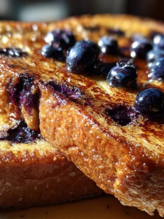 Close-up of golden brown Easy Dairy Free Blueberry French Toast topped with fresh blueberries and syrup.