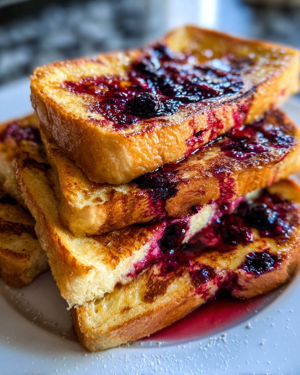 A stack of golden-brown Easy Dairy Free Blueberry French Toast slices topped with blueberry compote.
