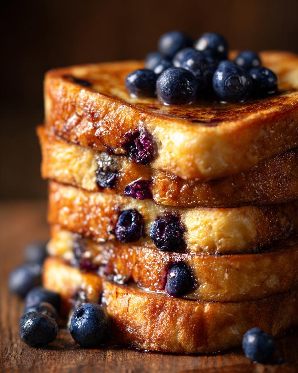 A tall stack of Easy Dairy Free Blueberry French Toast topped with fresh blueberries and syrup.