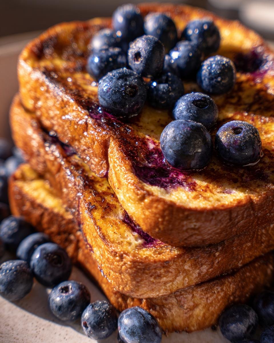 A stack of golden brown Easy Dairy Free Blueberry French Toast topped with fresh blueberries.