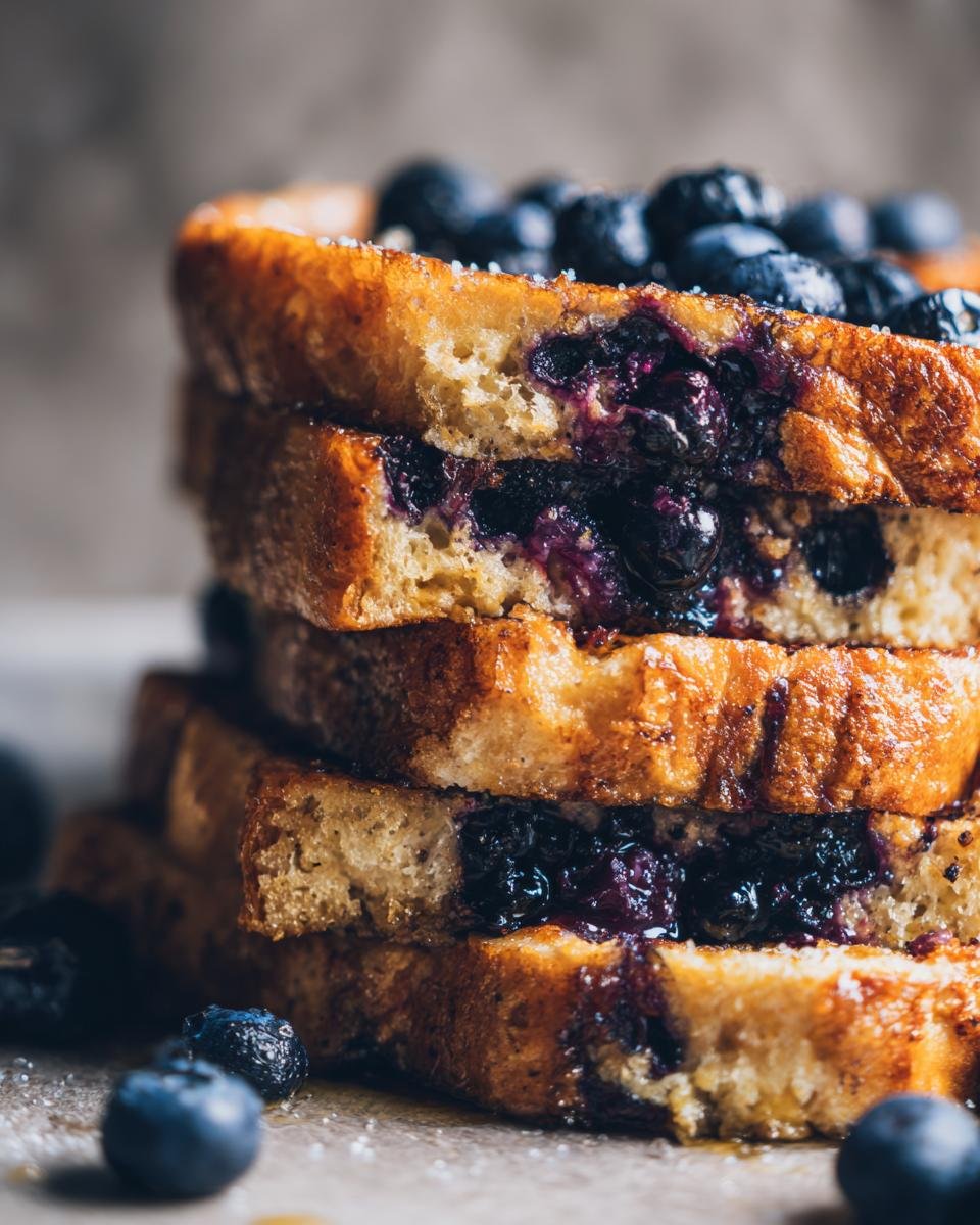 A stack of Easy Dairy Free Blueberry French Toast, topped with fresh blueberries and a dusting of powdered sugar.
