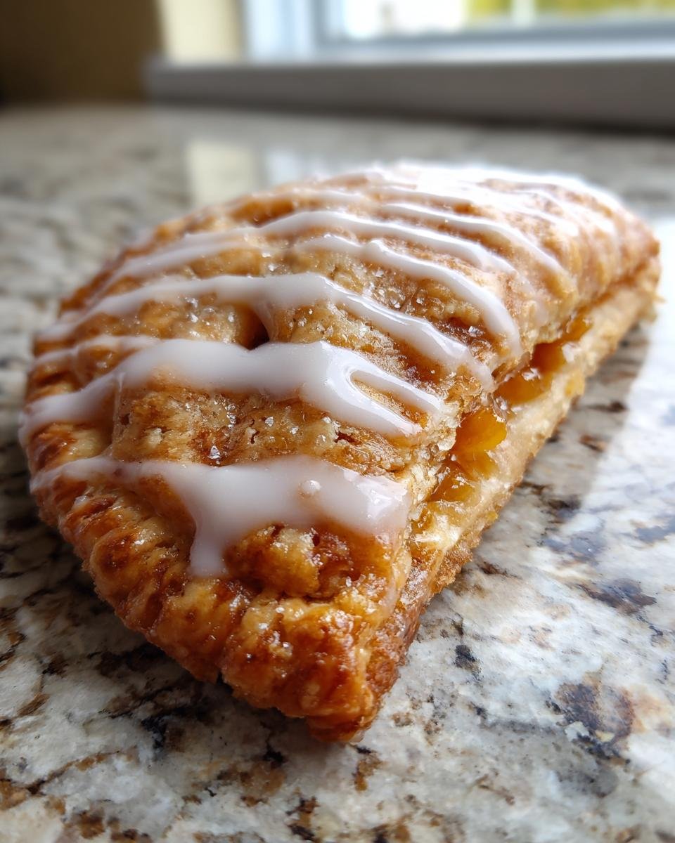 Close-up of a golden-brown Easy Vegan Apricot Pop Tart drizzled with white icing.