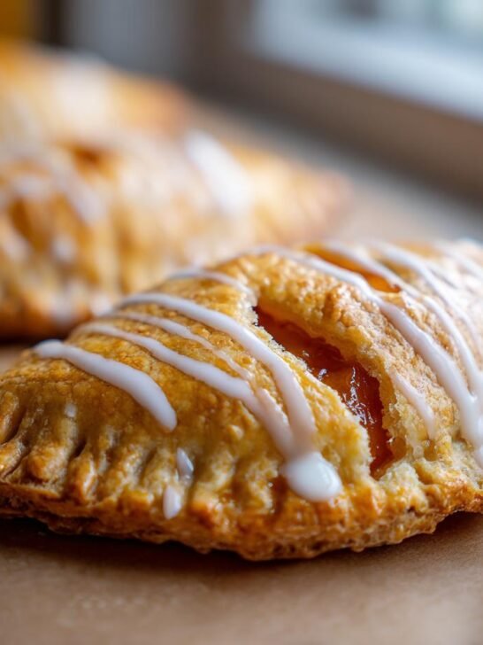 Close-up of a golden-brown Easy Vegan Apricot Pop Tart drizzled with white icing.