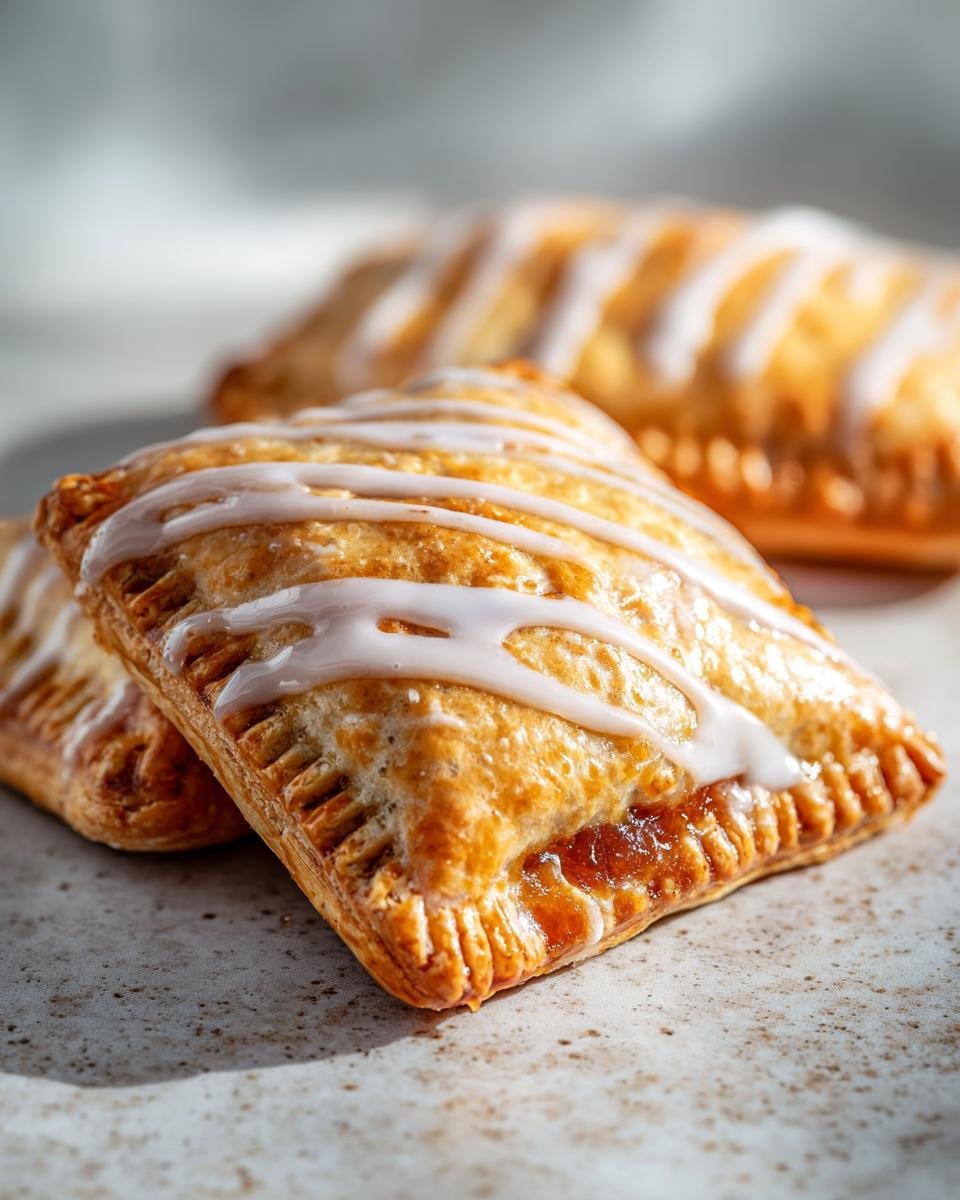 Close-up of two Easy Vegan Apricot Pop Tarts drizzled with white icing on a textured surface.
