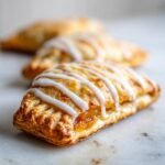 Close-up of a delicious Easy Vegan Apricot Pop Tart, drizzled with white glaze, with more tarts in the background.