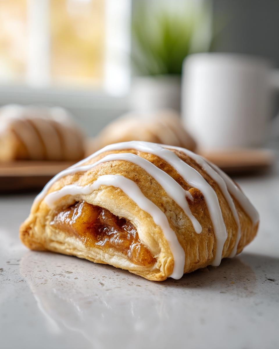 Close-up of an Easy Vegan Apricot Pop Tart, drizzled with white icing, with a bite taken out to show the apricot filling.