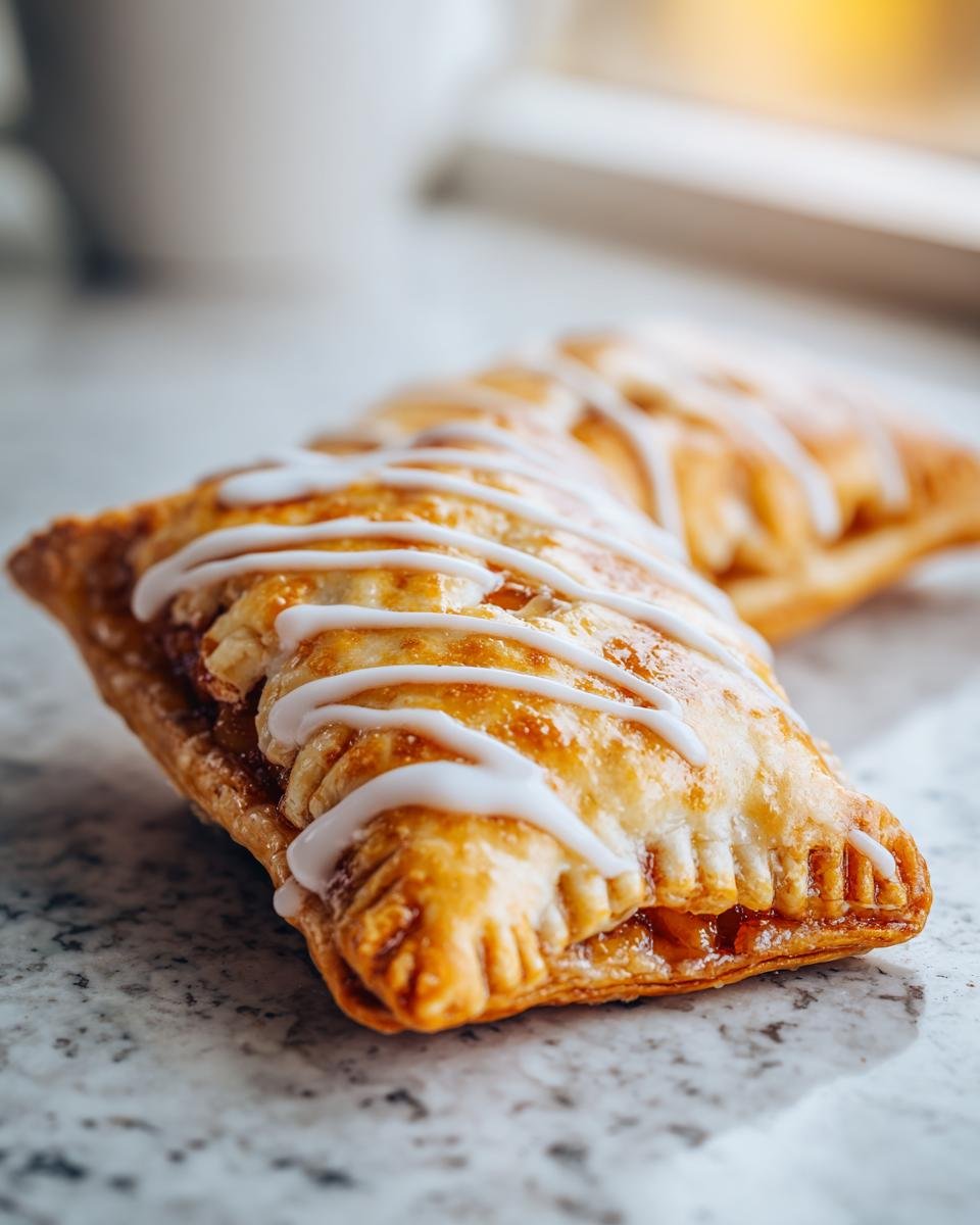 Close-up of two Easy Vegan Apricot Pop Tarts drizzled with white icing on a speckled countertop.