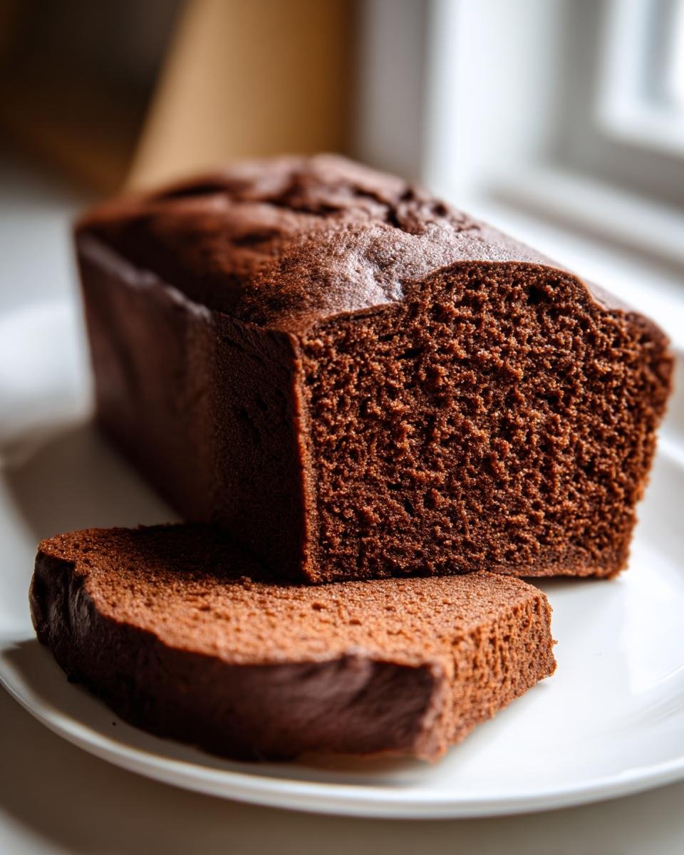 A close-up of a rich, dark Easy Vegan Chocolate Bread loaf with one thick slice cut and resting in front.