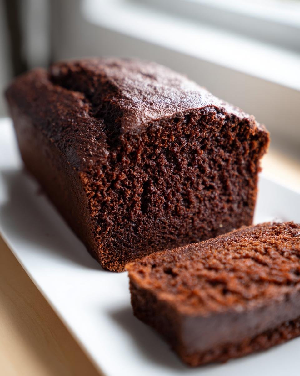 A close-up of a rich, dark Easy Vegan Chocolate Bread loaf with one slice cut and resting beside it.