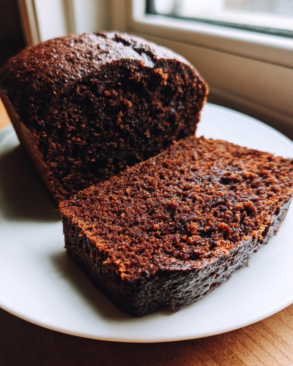 Close-up of a moist slice cut from a loaf of Easy Vegan Chocolate Bread on a white plate.