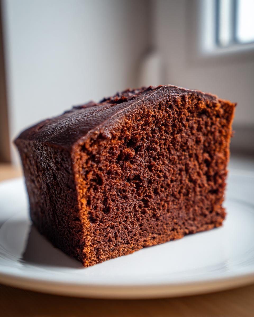 A close-up of a thick, moist slice of Easy Vegan Chocolate Bread on a white plate.
