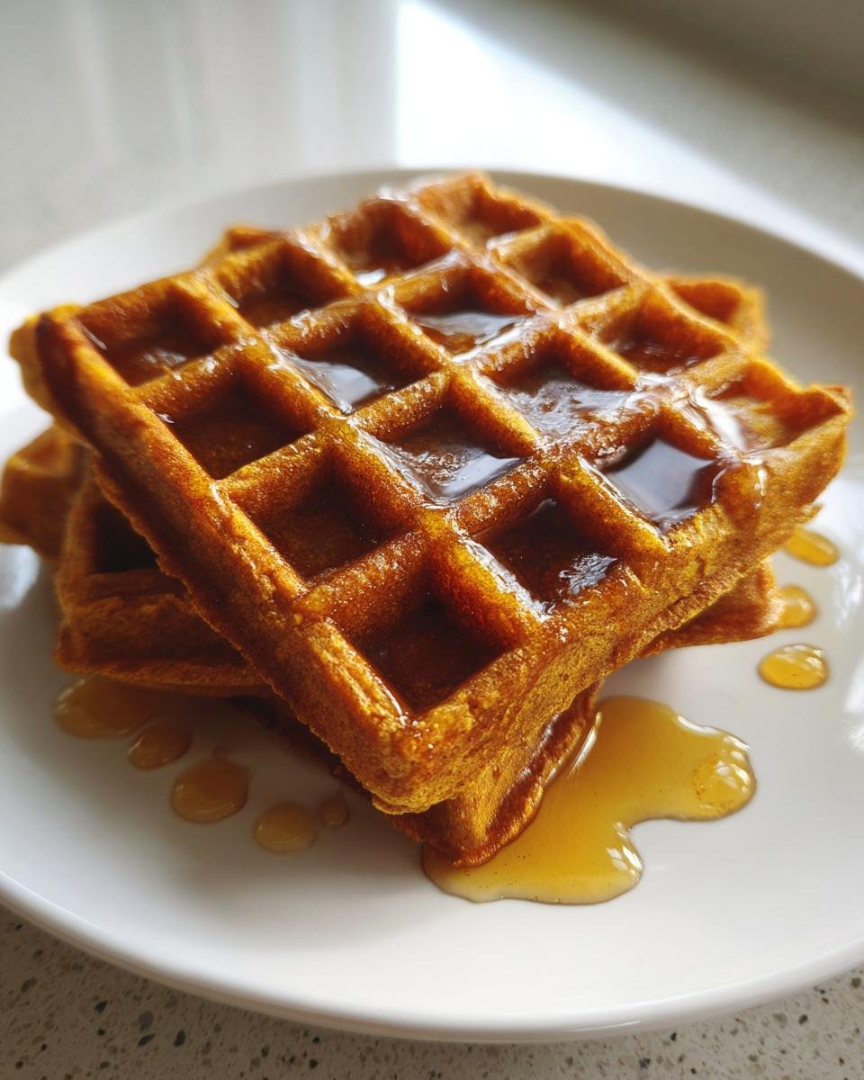 Close-up of stacked Easy Vegan Gluten Free Gingerbread Waffles drizzled with syrup on a white plate.