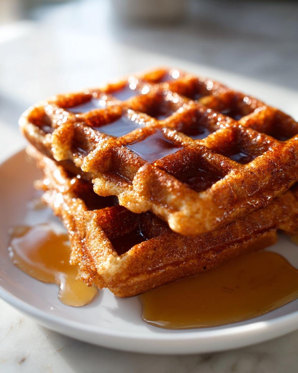 Close-up of a stack of golden Easy Vegan Gluten Free Gingerbread Waffles drizzled generously with dark syrup.