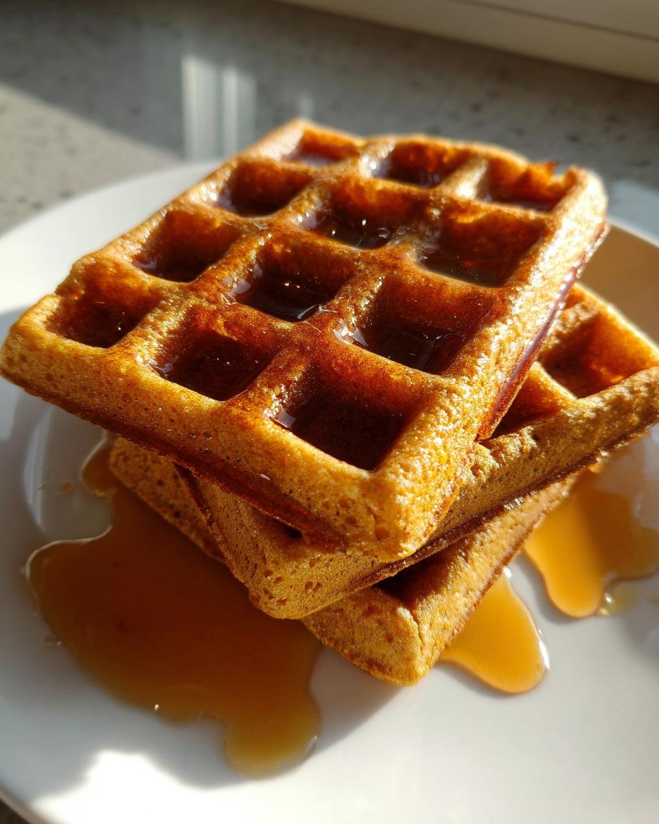 A stack of two golden brown Easy Vegan Gluten Free Gingerbread Waffles drizzled with syrup on a white plate.