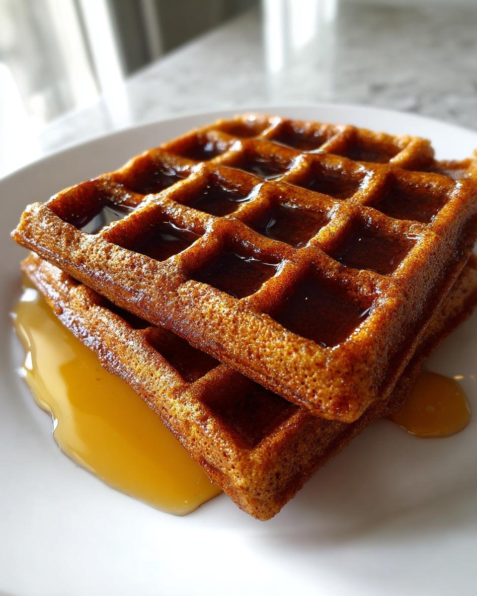 A close-up of two stacked Easy Vegan Gluten Free Gingerbread Waffles drizzled generously with syrup.