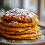 A tall stack of fluffy Easy Vegan Pumpkin Poppyseed Pancakes, dusted with powdered sugar and drizzled with syrup.