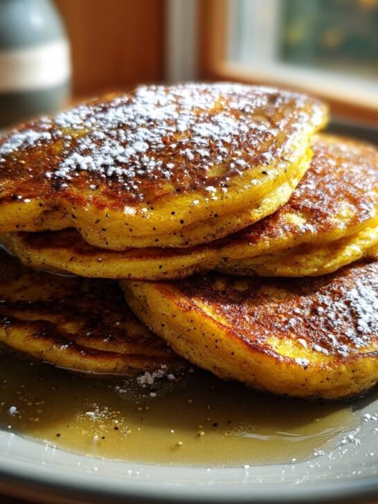 A stack of golden Easy Vegan Pumpkin Poppyseed Pancakes dusted with powdered sugar and drizzled with syrup.