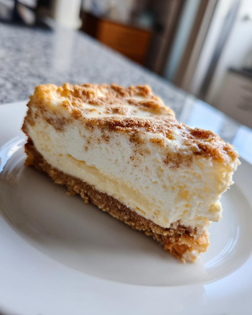 A close-up of a rich slice of Eggnog Cheesecake Snickerdoodle Crust dessert on a white plate, dusted with cinnamon.