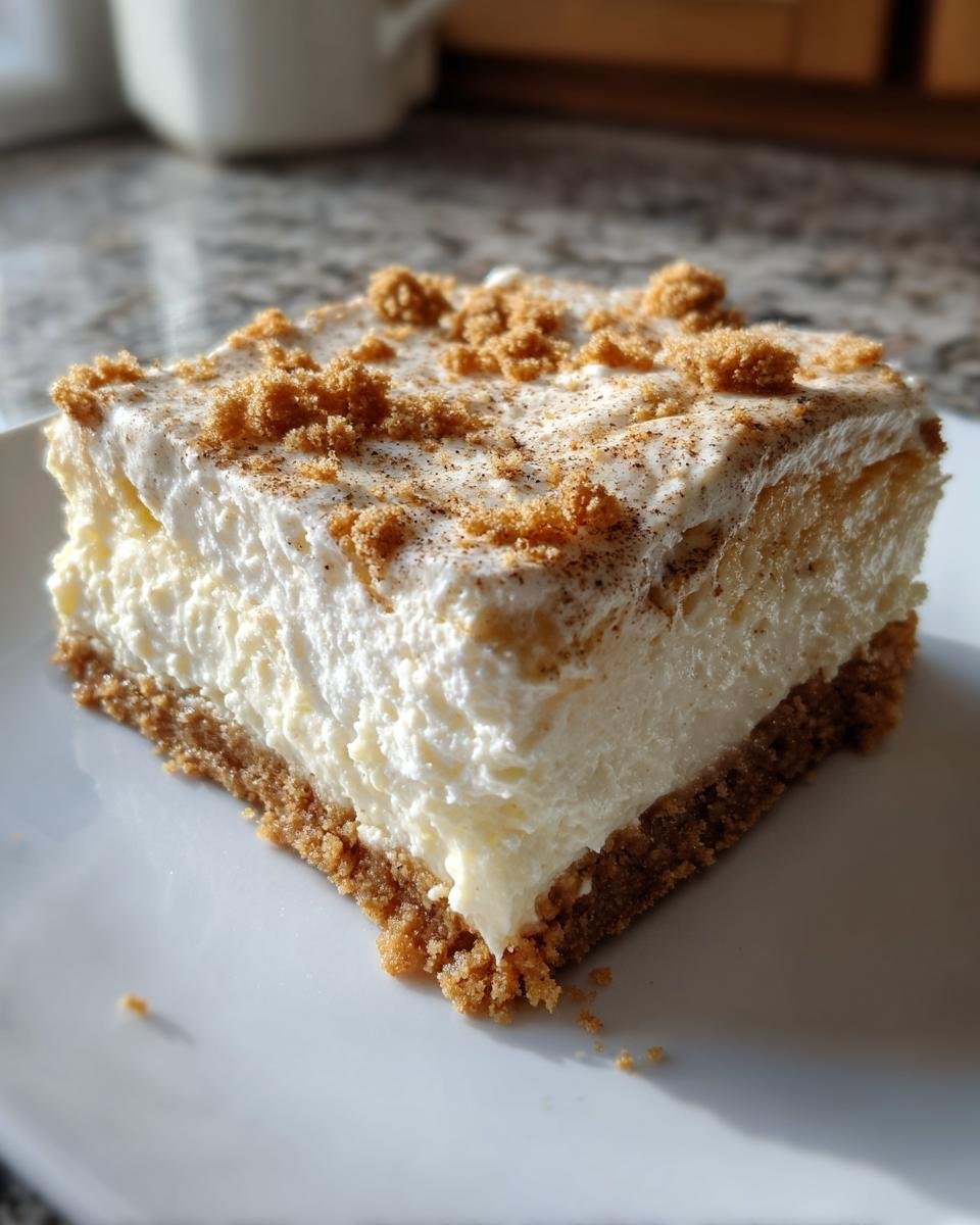 A square slice of creamy Eggnog Cheesecake Snickerdoodle Crust dessert topped with whipped cream and brown sugar crumbs.