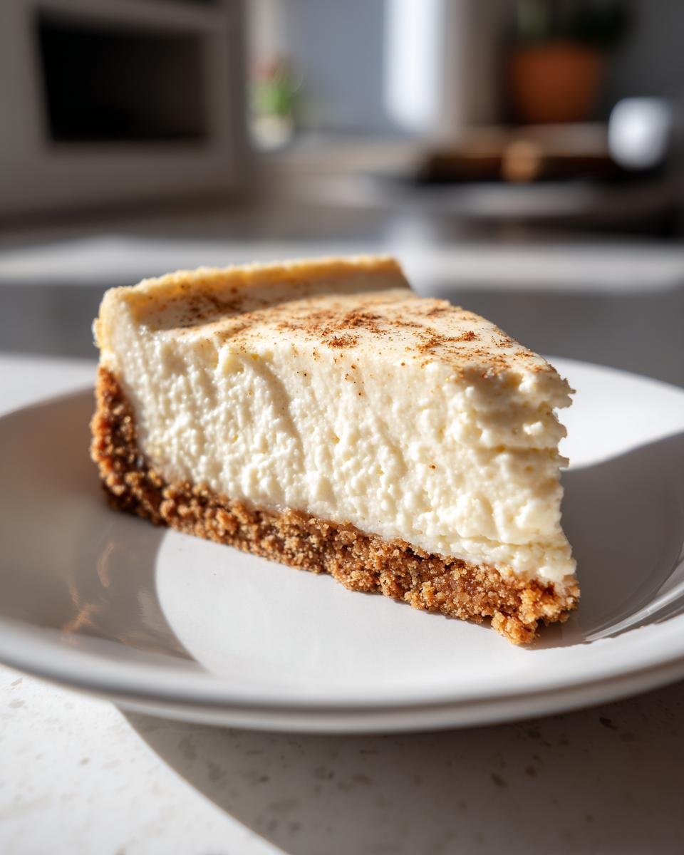 A perfect slice of creamy Eggnog Cheesecake Snickerdoodle Crust dusted with cinnamon on a white plate.