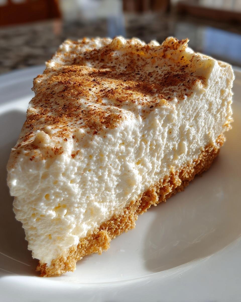 Close-up of a creamy slice of Eggnog Cheesecake Snickerdoodle Crust dessert topped with cinnamon.