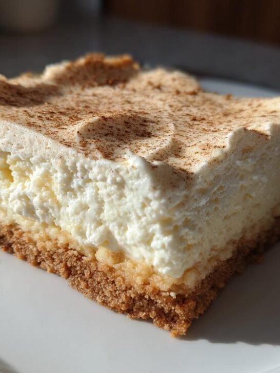 A close-up of a square slice of rich, creamy Eggnog Cheesecake Snickerdoodle Crust dessert dusted with cinnamon.